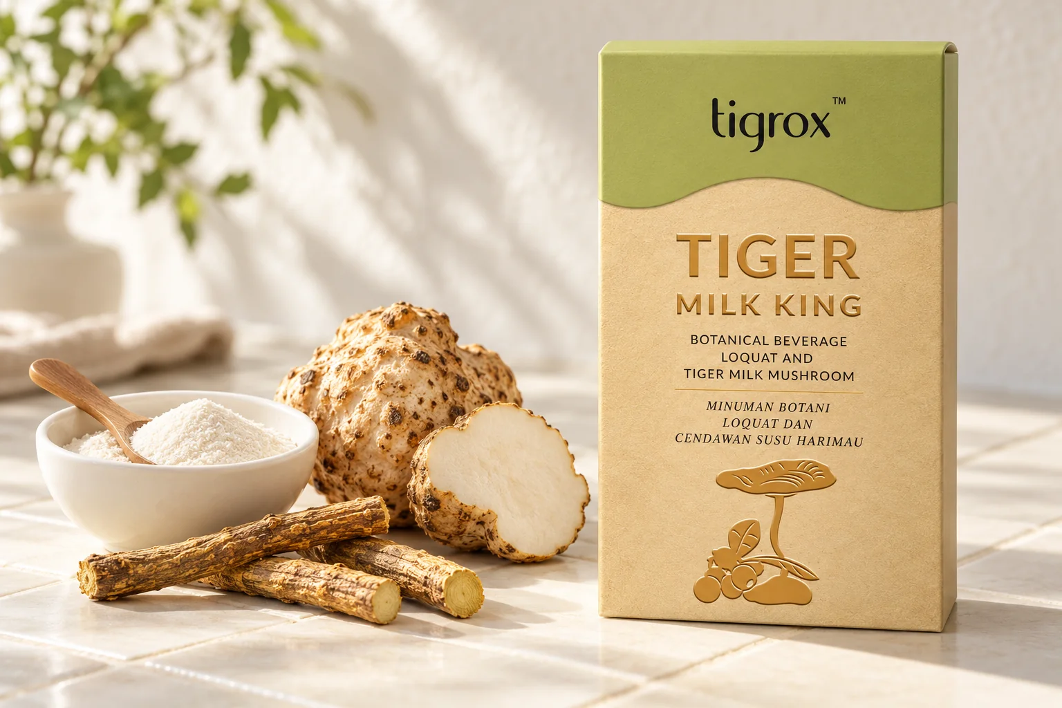 The Tiger Milk King Loquat box beside a bowl of inulin powder, dried licorice roots and a cut Tiger Milk Mushroom tuber on an ivory tile counter