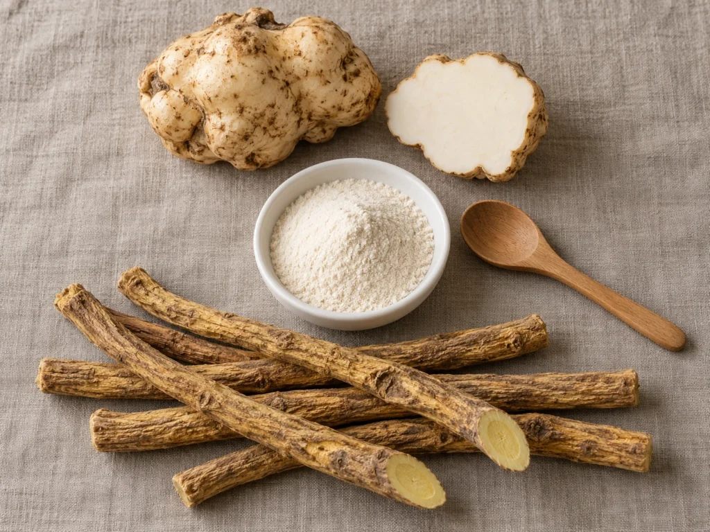 A flat lay of a Tiger Milk Mushroom tuber, a bowl of inulin powder and dried licorice roots on grey linen