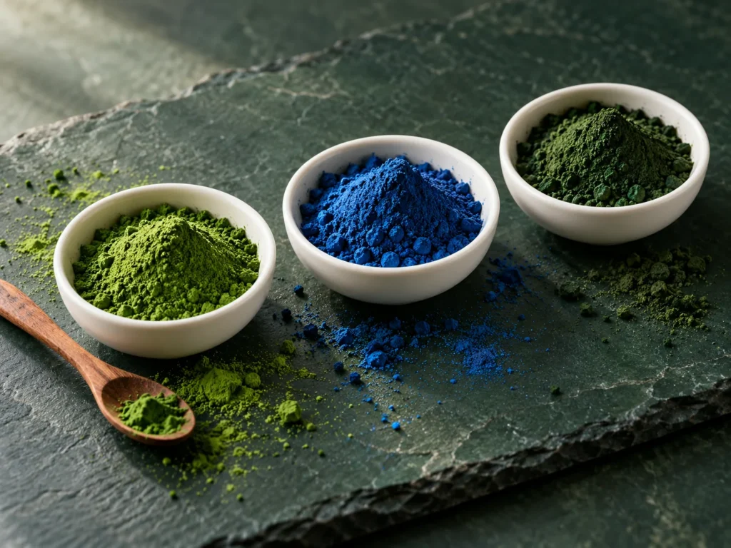 Three small white dishes of green spirulina, blue spirulina and dark chlorella powder on green slate