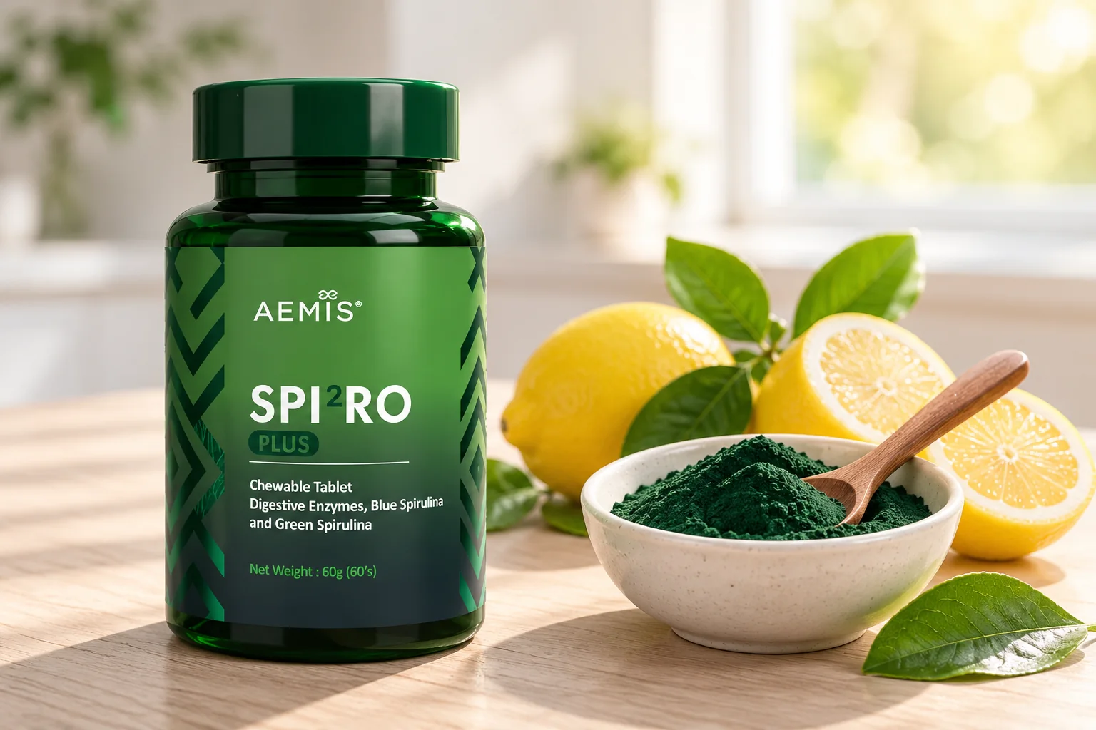 The SPIRO Plus bottle with spirulina powder and fresh lemons on a bright morning kitchen counter