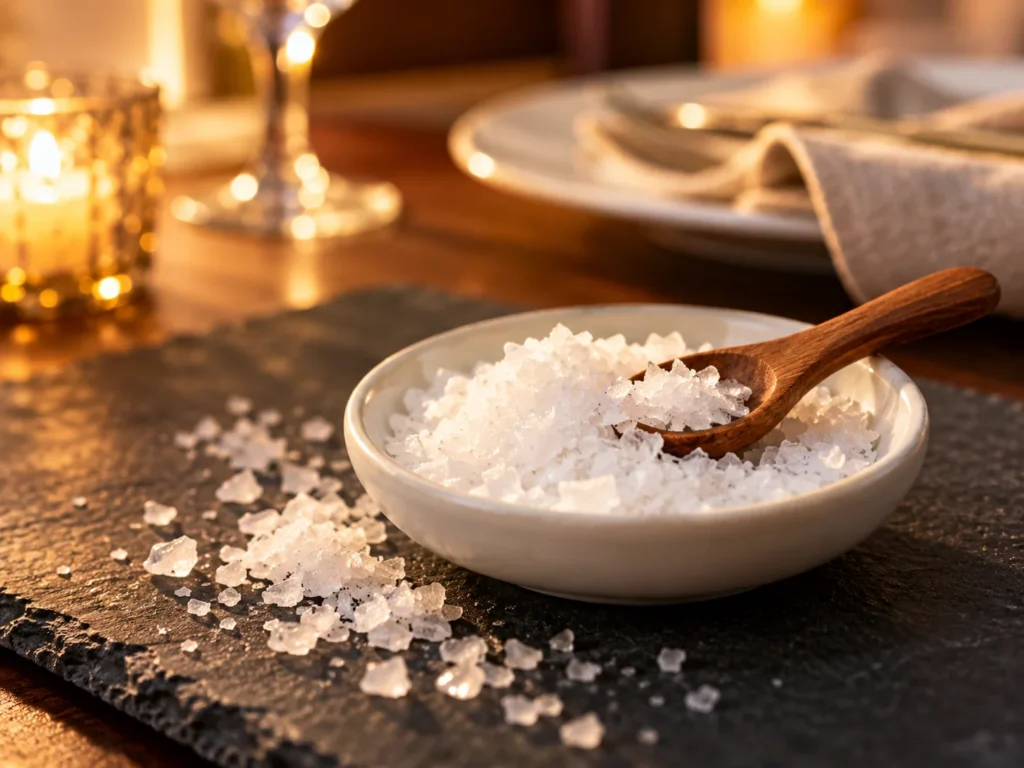 Flaky sea salt in a small white dish on a slate board in warm evening light