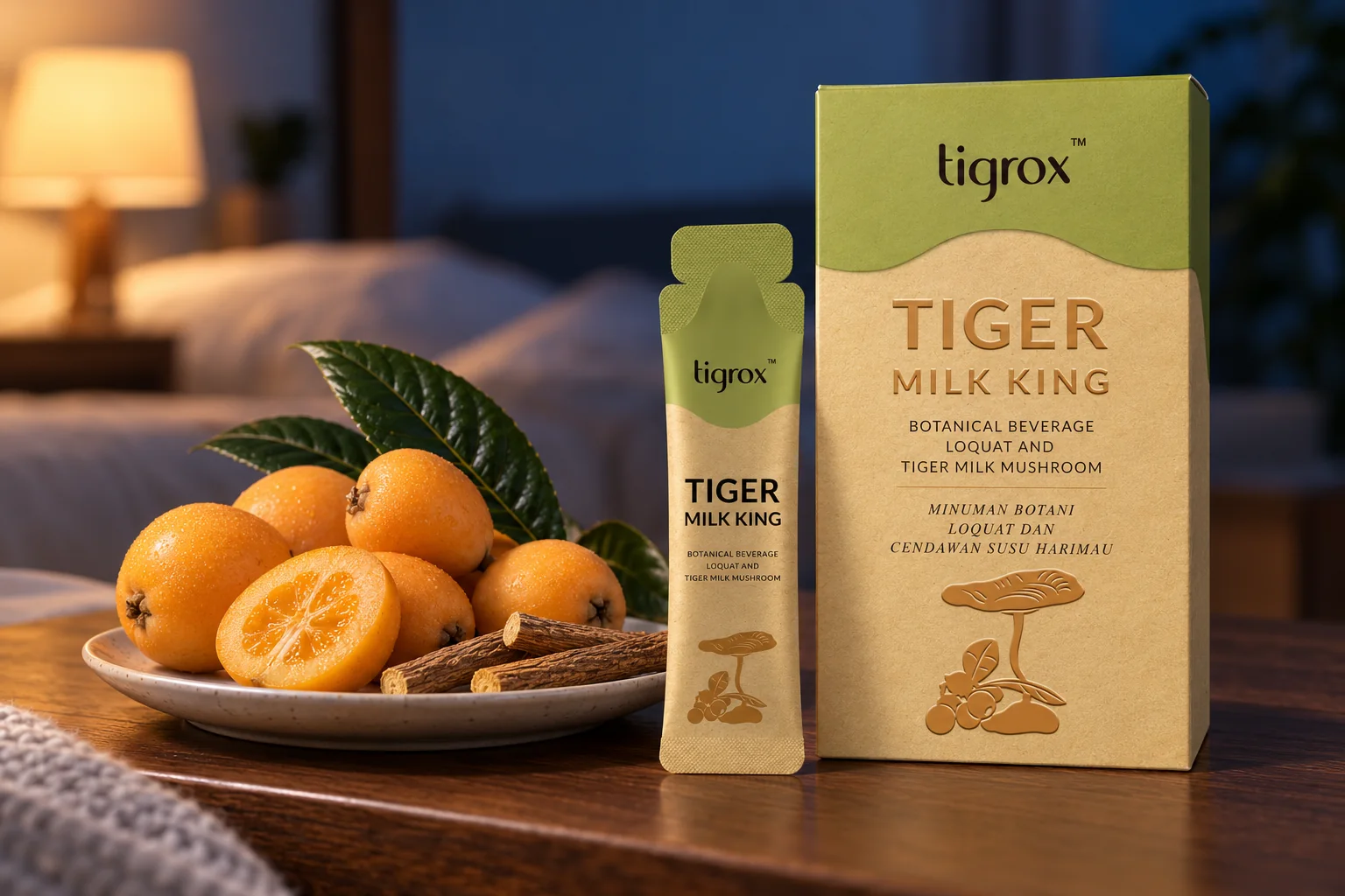 The Loquat Tiger Milk King box and sachet with loquats, calamansi and licorice root on a bedside table at dusk