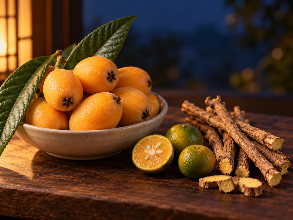Loquats, halved calamansi and licorice root on a dark wooden board in warm evening light