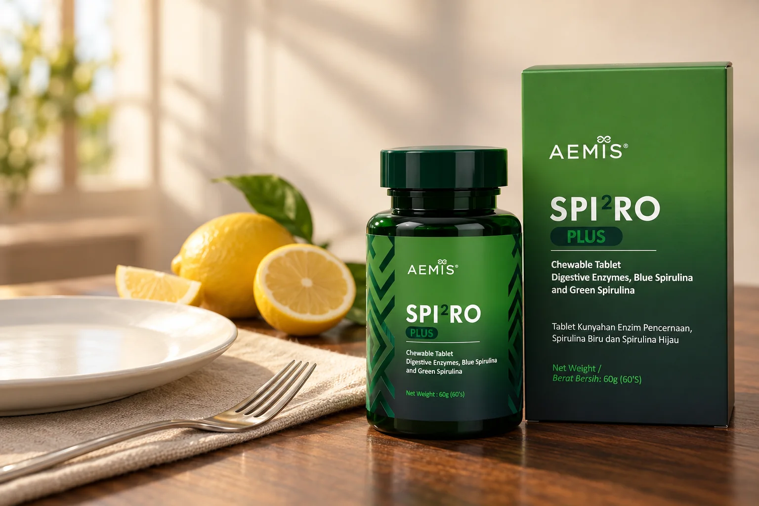 The SPIRO Plus box and bottle beside an empty dinner plate, a linen napkin, a fork and fresh lemons