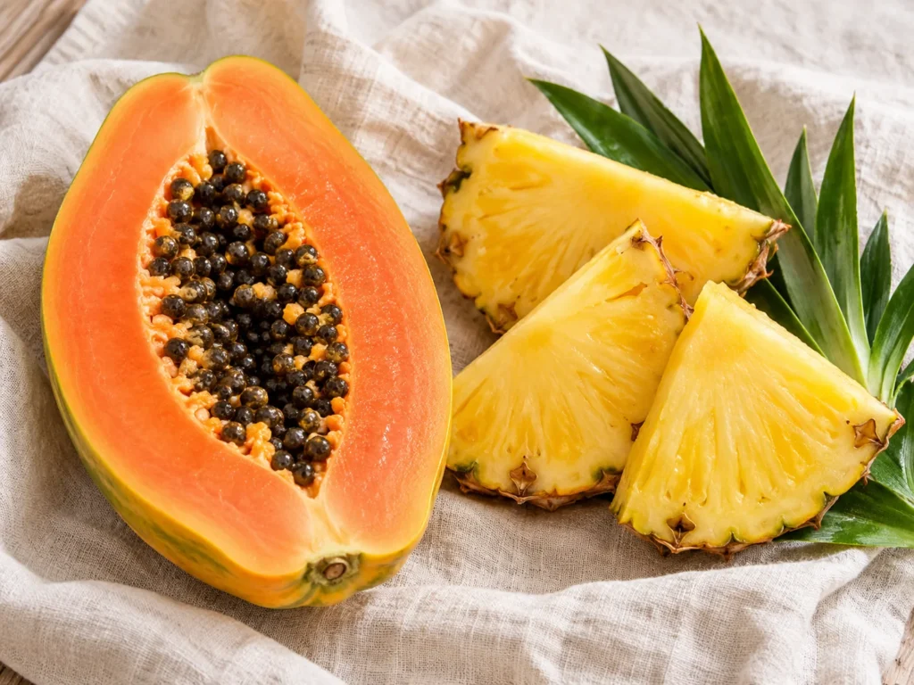 A halved papaya and wedges of fresh pineapple on pale linen
