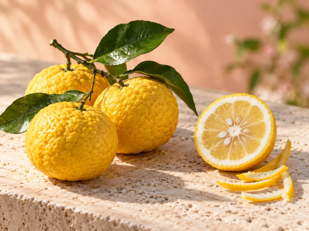 Whole and halved yuzu with glossy green leaves on pale travertine