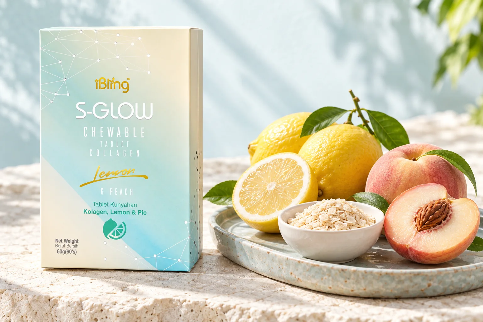 The S-GLOW box beside lemons, peaches and a bowl of rice germ on pale limestone