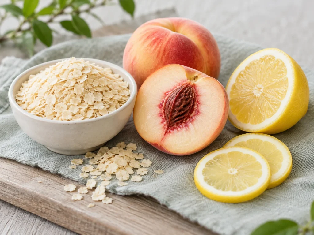 A bowl of rice germ with a halved peach and cut lemon on pale grey-green linen