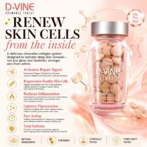 D-VINE Collagen renews skin cells from the inside — activates repair, regenerates healthy skin cells, reduces inflammation, lightens pigmentation and defends against photo-ageing