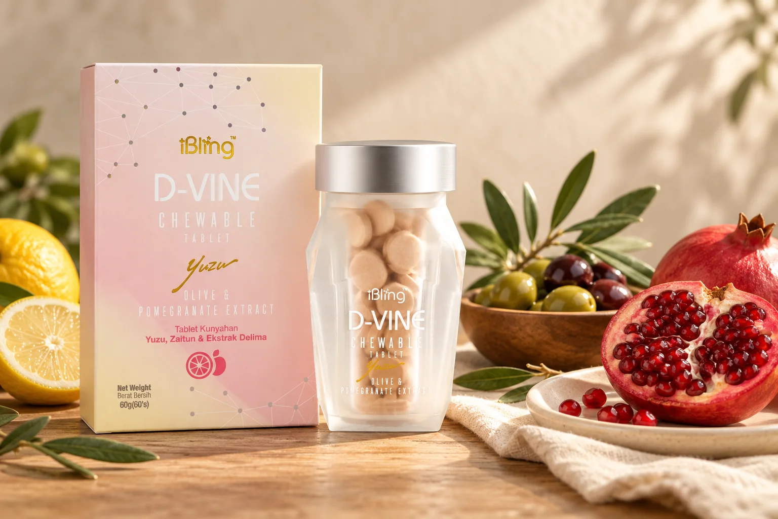 The D-VINE box and jar beside olives, an olive sprig and a halved pomegranate on a light oak table