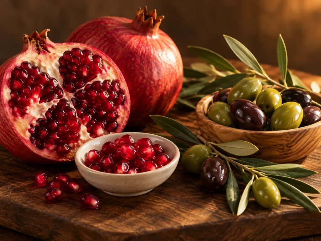 A split pomegranate and a bowl of green and purple olives with an olive sprig on a dark wooden board