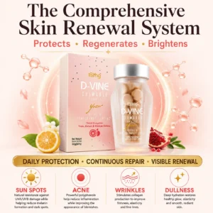 D-VINE Collagen skin renewal system — chewable box and bottle shown with daily protection, continuous repair and visible renewal against sun spots, acne, wrinkles and dullness