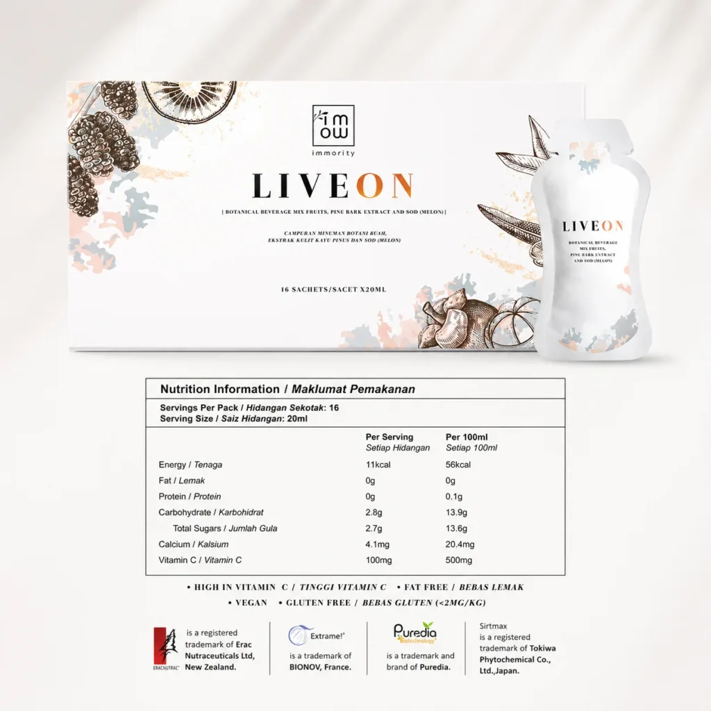 LIVEON box, sachet and full nutrition label
