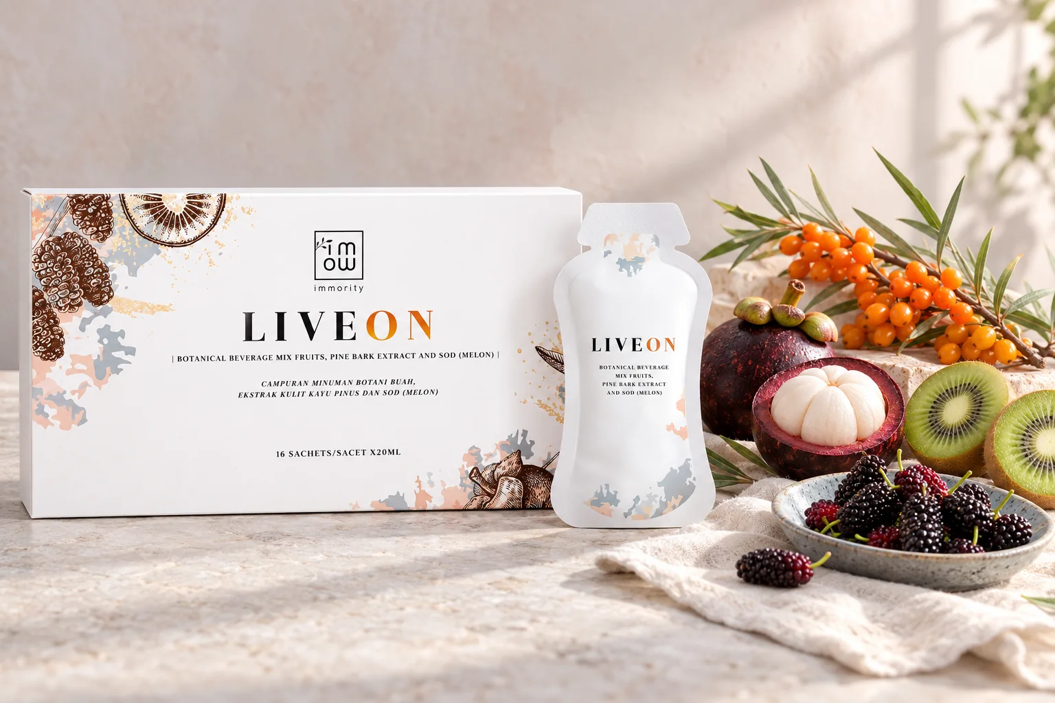 The LIVEON box and sachet beside sea buckthorn berries, mangosteen, kiwi and mulberries on pale stone