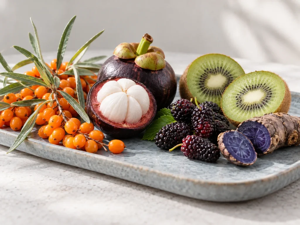 Orange sea buckthorn berries, an opened mangosteen, kiwi halves, dark mulberries and a cut black turmeric root on a grey-blue dish