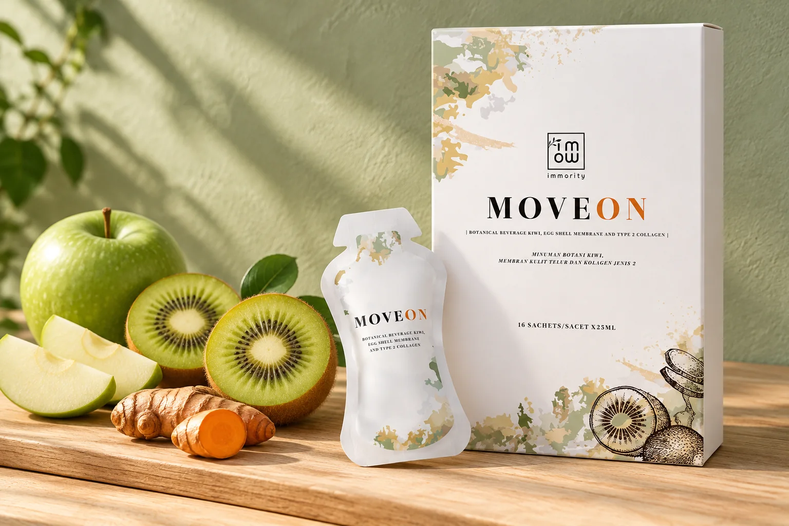 The MOVEON box and sachet beside kiwi halves, a green apple and fresh turmeric root on a pale oak board