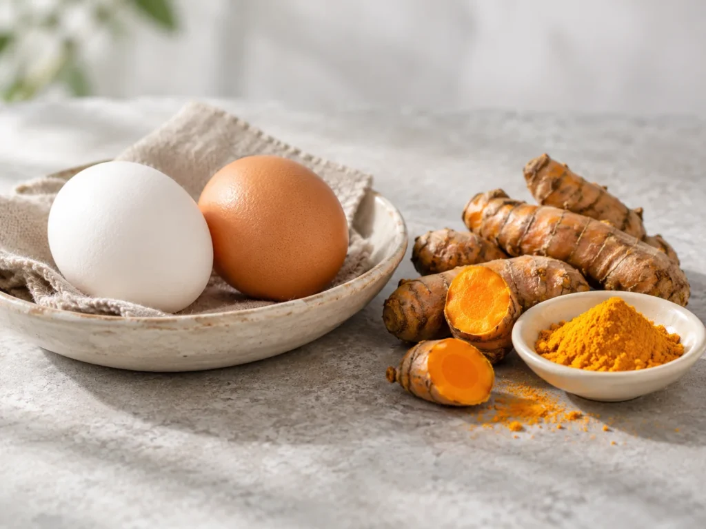 Two eggs in a ceramic dish beside fresh turmeric root, one piece cut to show its orange flesh