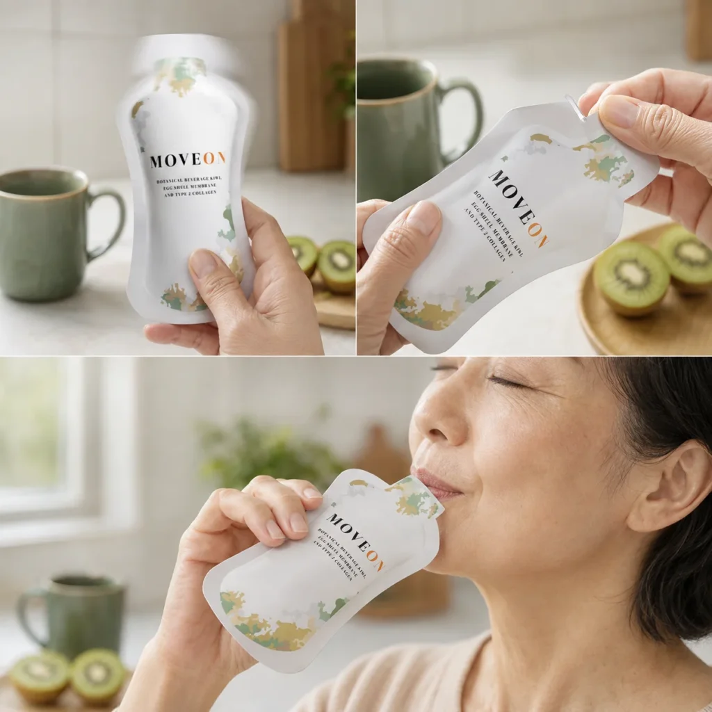 Shake, tear, sip — three steps of taking a MOVEON sachet