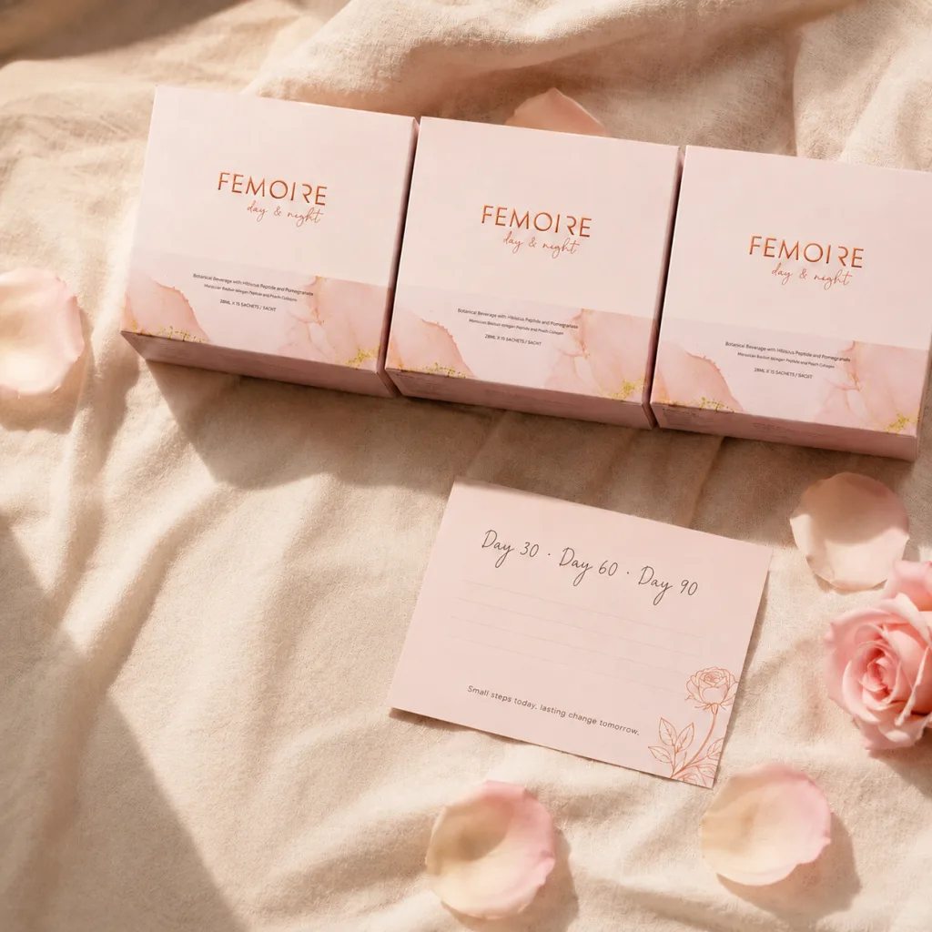 The 90-Day Programme flat-lay — three Femoire boxes and the Day 30 · 60 · 90 progress card