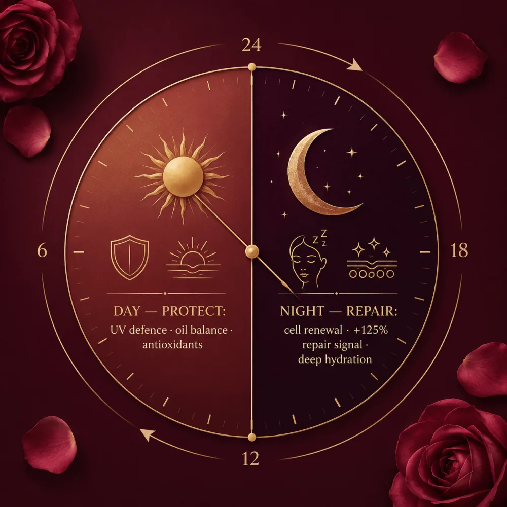 The 24-hour skin cycle clock — day: protect (UV defence, oil balance, antioxidants); night: repair (cell renewal, +125% repair signal, deep hydration)
