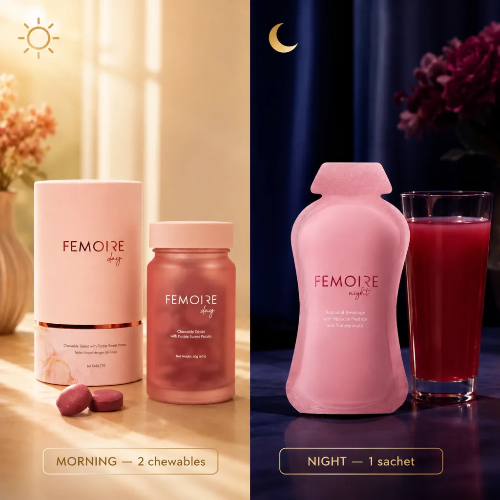 Femoire Day chewables in morning light and the Night sachet with its botanical drink at night
