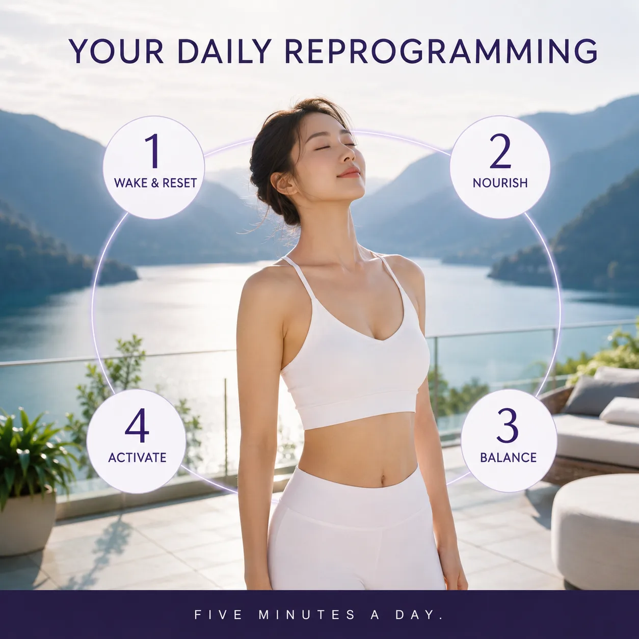 The daily routine as four numbered stages around a woman breathing on a lakeside terrace — 1 wake and reset, 2 nourish, 3 balance, 4 activate — under the line “five minutes a day”.