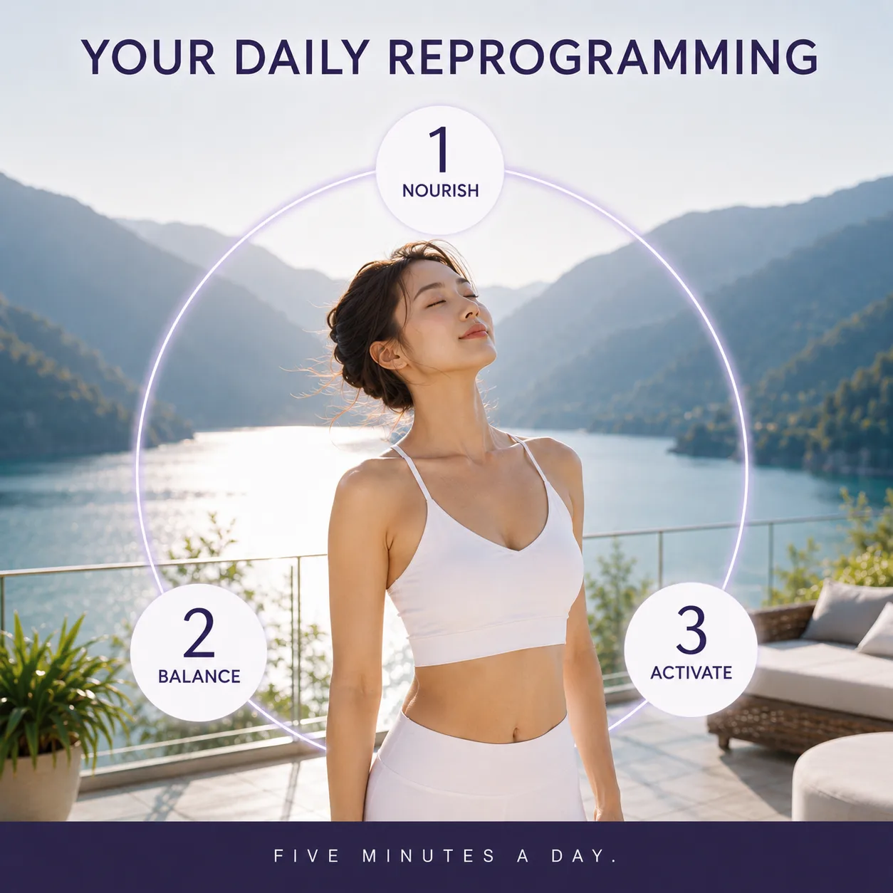 The daily routine as three numbered stages around a woman breathing on a lakeside terrace — 1 nourish, 2 balance, 3 activate — under the line “five minutes a day”.