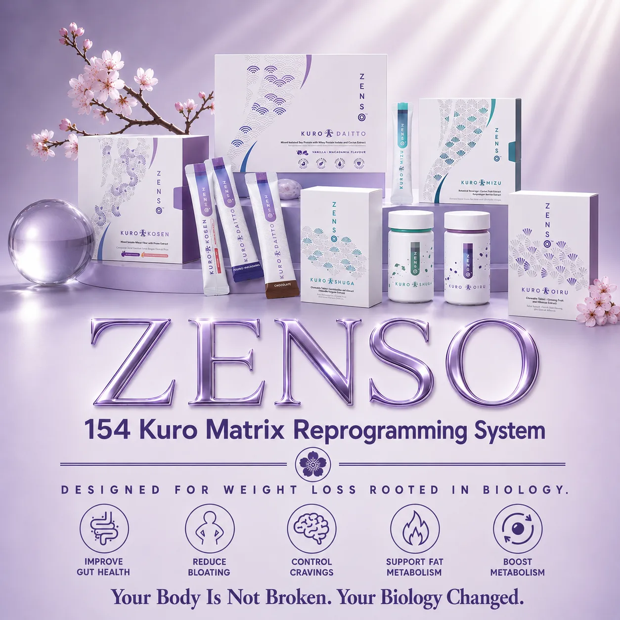 The ZENSO Pro kit — Kuro Daitto, Kuro Kosen, Kuro Mizu, Kuro Shuga and Kuro Oiru boxes, bottles and sachets — under the heading “154 Kuro Matrix Reprogramming System”, with icons for gut health, bloating, cravings, fat metabolism and metabolism.
