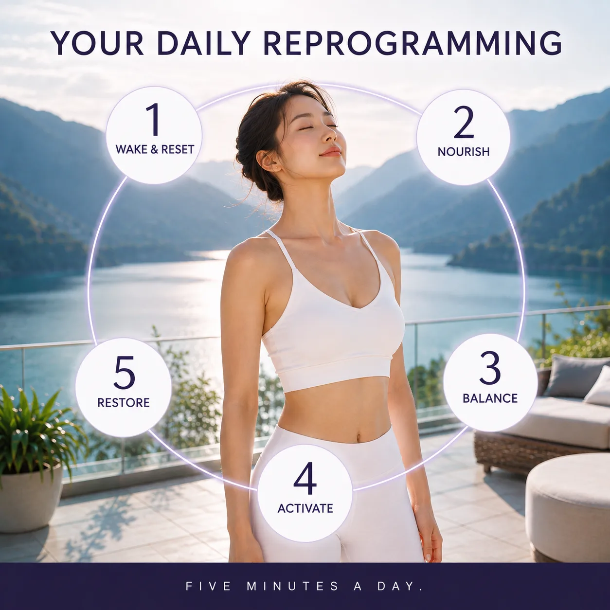 The daily routine as five numbered stages around a woman breathing on a lakeside terrace — 1 wake and reset, 2 nourish, 3 balance, 4 activate, 5 restore — under the line “five minutes a day”.
