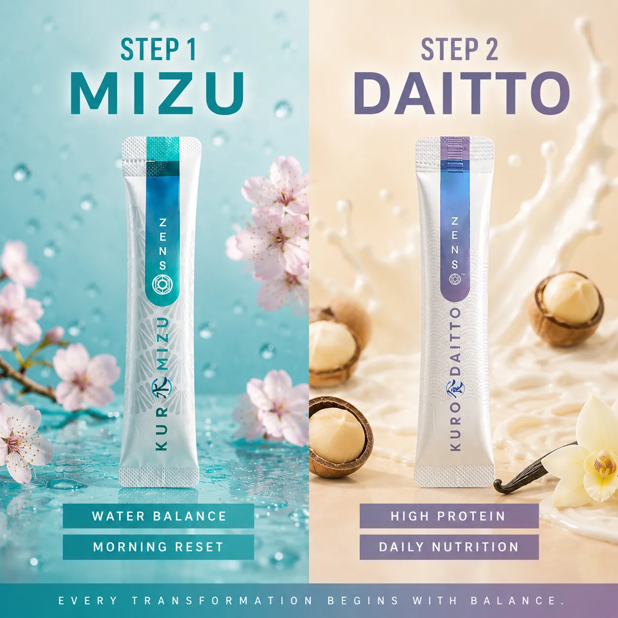 Step 1 Kuro Mizu — a sachet in splashing water, marked water balance and morning reset — beside step 2 Kuro Daitto, a sachet in splashing milk with macadamia and vanilla, marked high protein and daily nutrition.