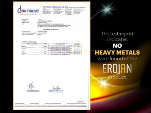 Laboratory certificate: no heavy metals, microbial growth or preservatives detected in EROJAN