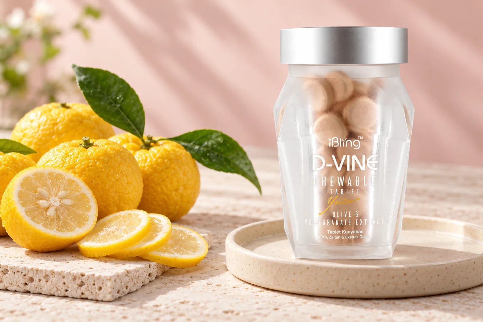 The D-VINE glass jar on a cream ceramic tray beside whole and halved yuzu fruits