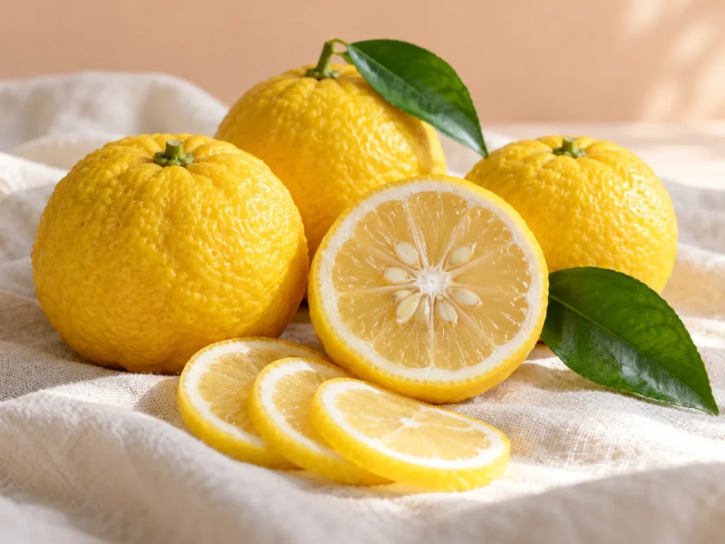 Whole and halved yuzu fruits with green leaves and thin slices on cream linen