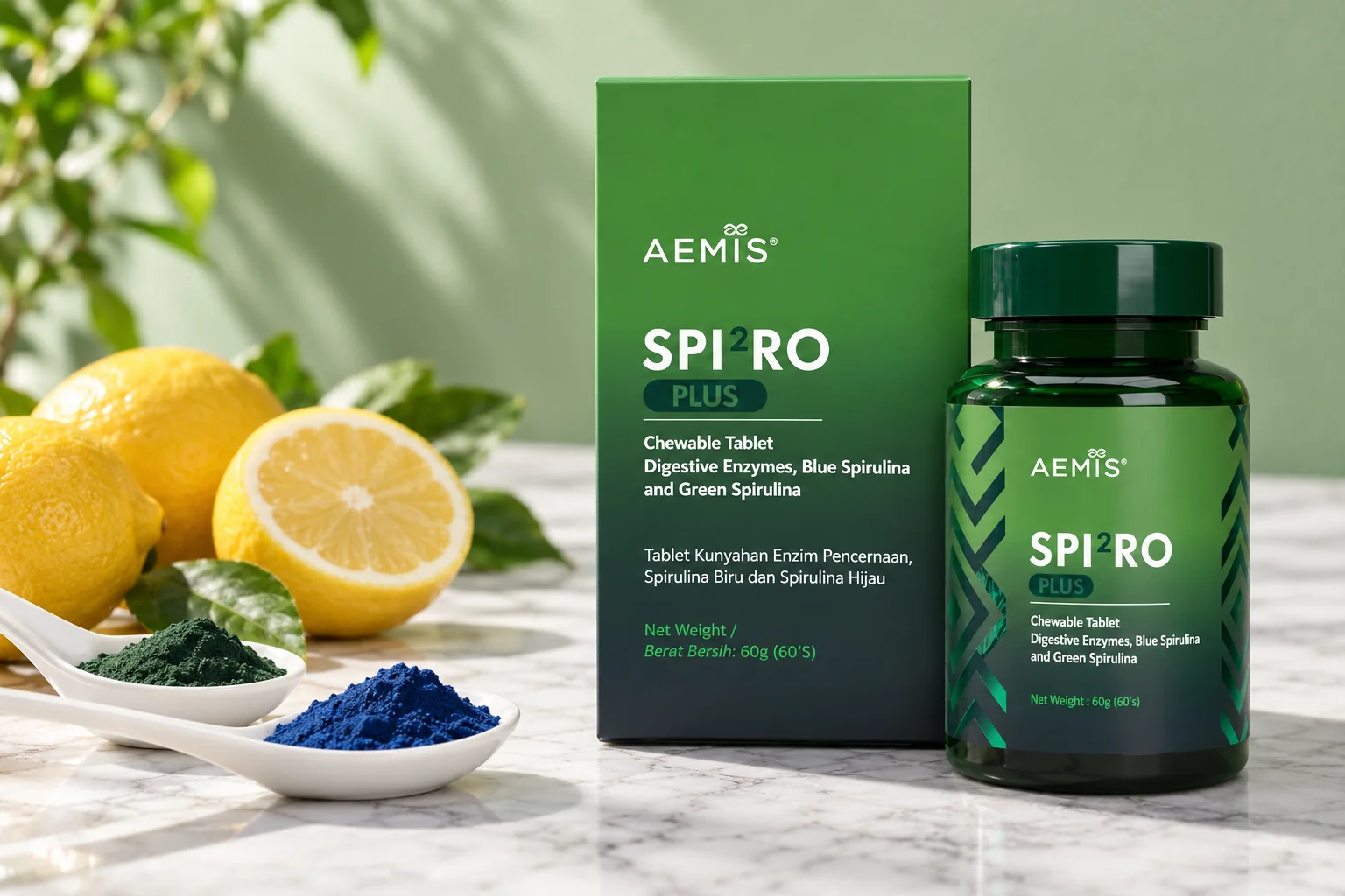 The SPIRO Plus box and bottle with fresh lemons and spoons of green and blue spirulina on marble