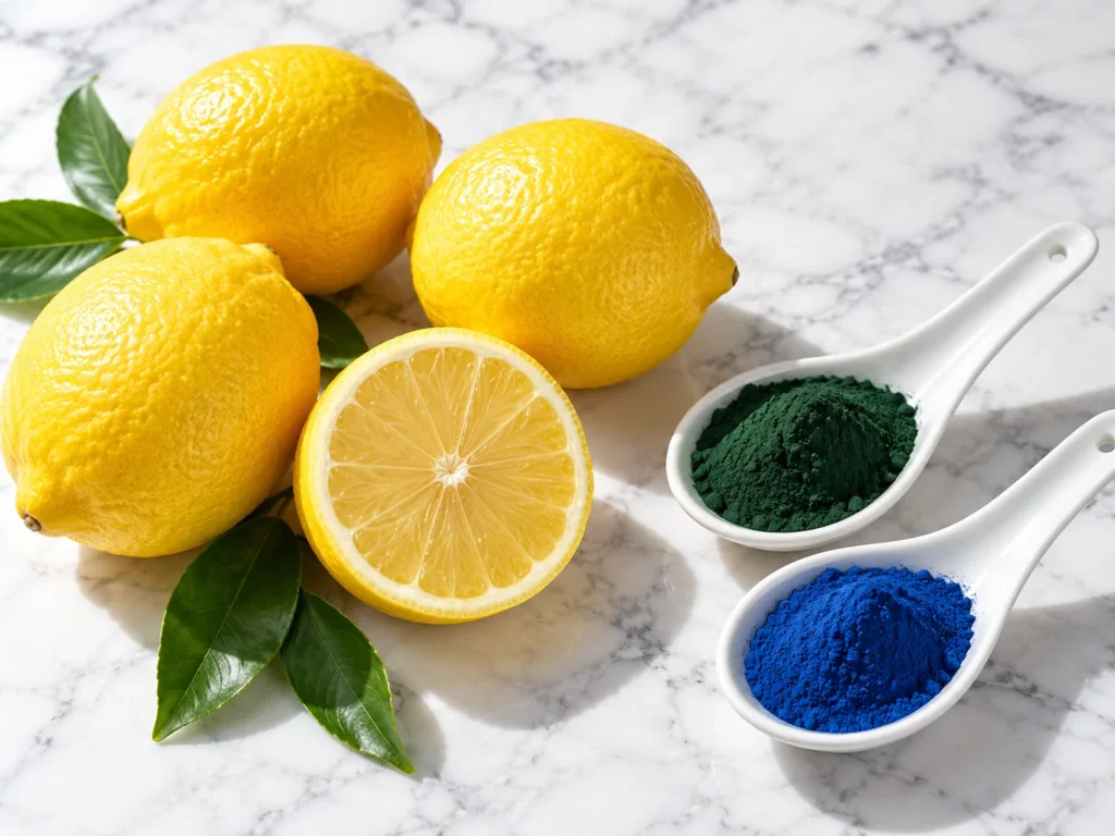 Fresh lemons beside spoons of green and blue spirulina powder on white marble