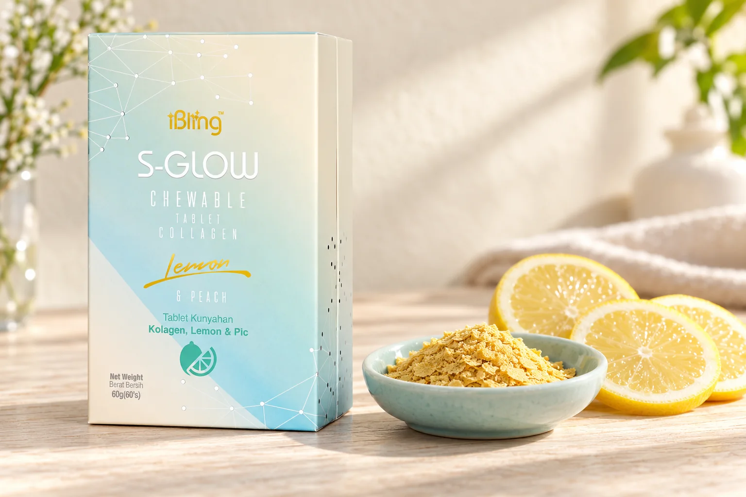The iBling S-GLOW box with a dish of nutritional yeast flakes and fresh lemon slices