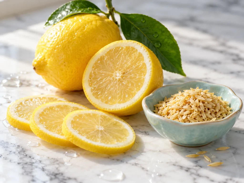 Whole, halved and sliced fresh lemons beside a small dish of rice germ on white marble