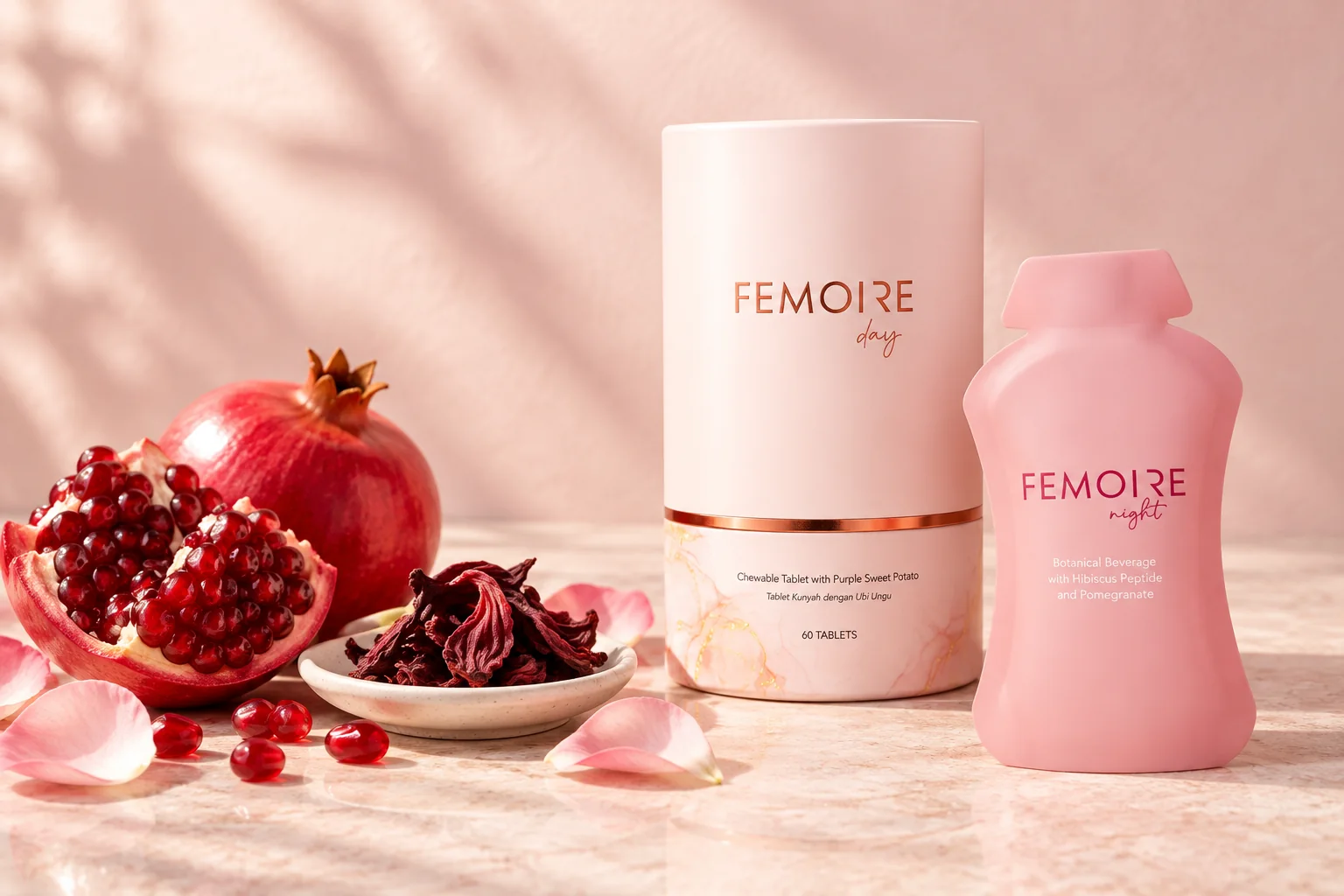 The Femoire Day canister and the Femoire Night pouch with an open pomegranate, rose petals and a dried hibiscus flower
