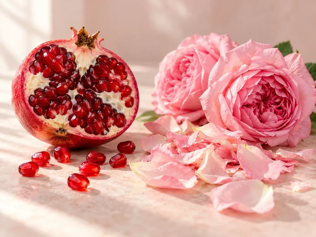 A halved red pomegranate beside fresh pink rose petals and two damask roses