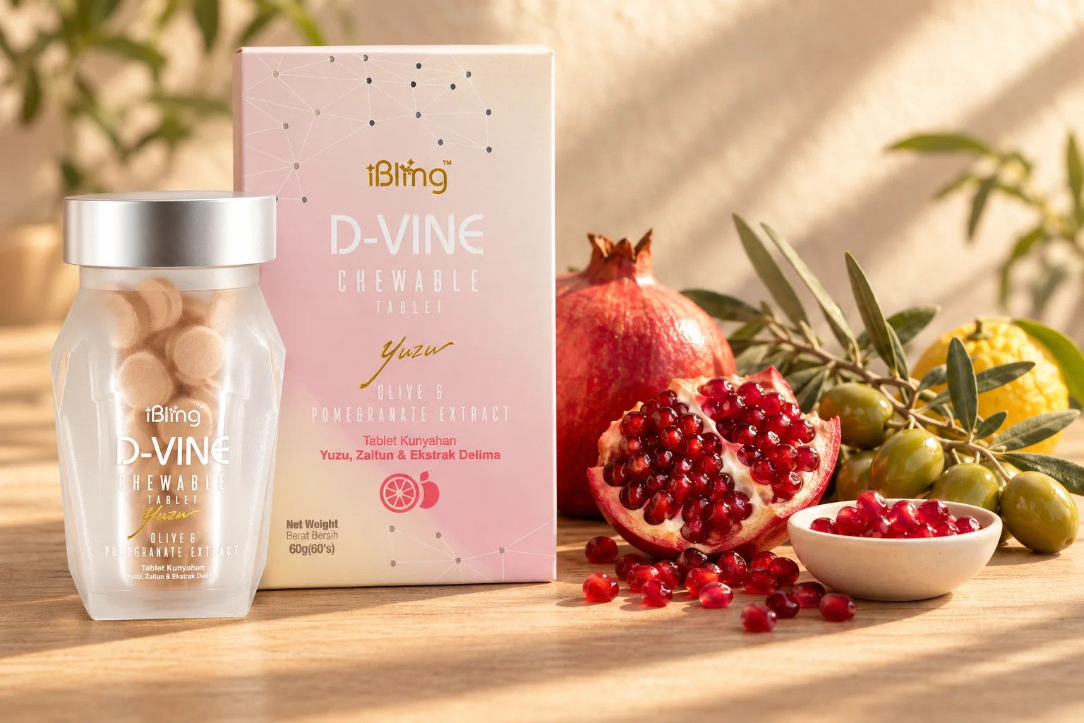 The D-VINE box and jar on oak wood with pomegranates and a branch of green olives