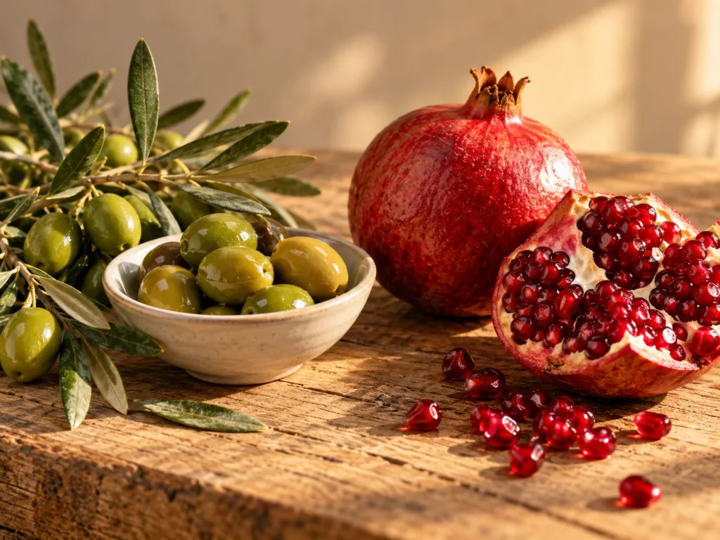 Green olives on a branch and in a white bowl beside whole and broken pomegranates