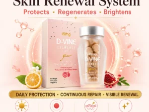 D-VINE Collagen skin renewal system — chewable box and bottle shown with daily protection, continuous repair and visible renewal against sun spots, acne, wrinkles and dullness