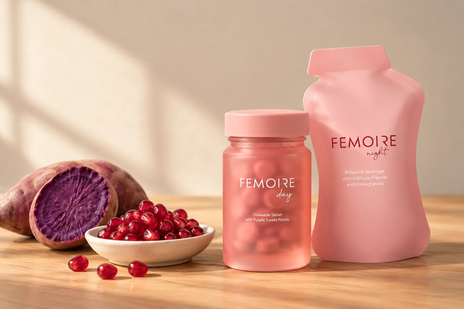 The Femoire Day jar and the Femoire Night pouch on light oak with a halved purple sweet potato and pomegranate seeds