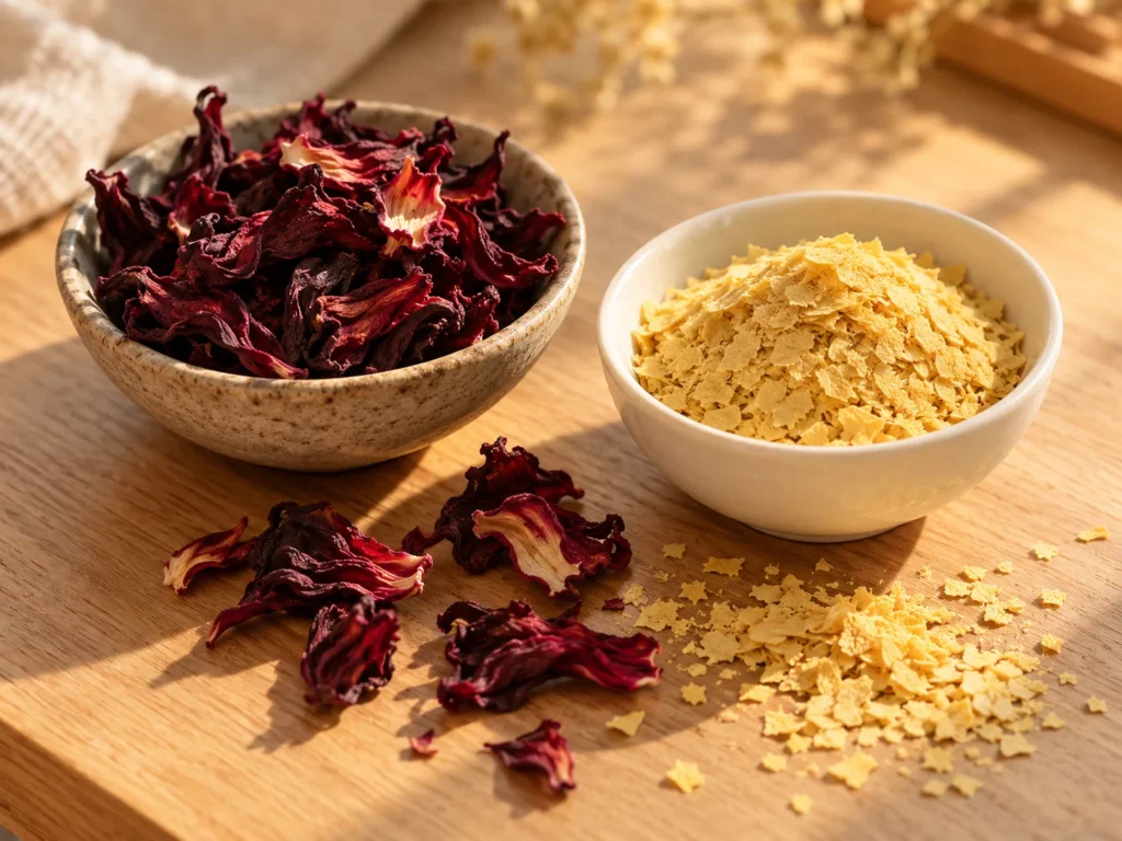A bowl of dried hibiscus flowers beside a bowl of golden nutritional yeast flakes on oak