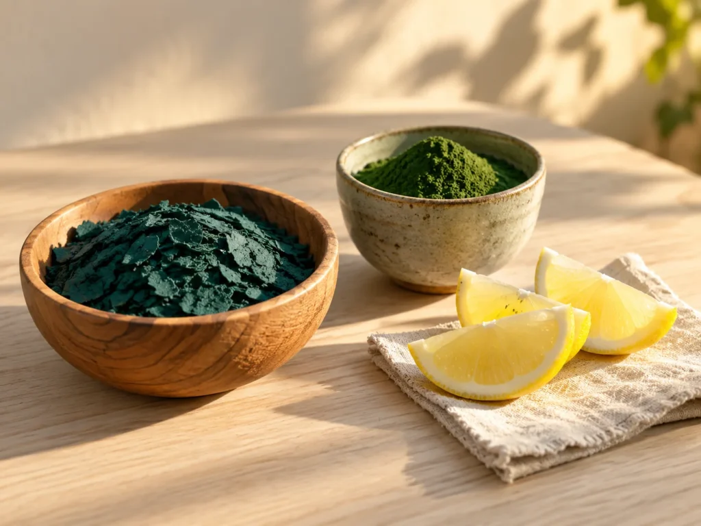 Spirulina flakes, chlorella powder and lemon wedges on light ash wood
