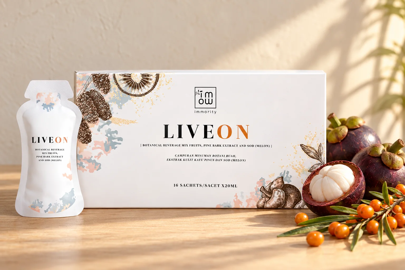 The LIVEON box and sachet with mangosteens and a sprig of sea buckthorn berries