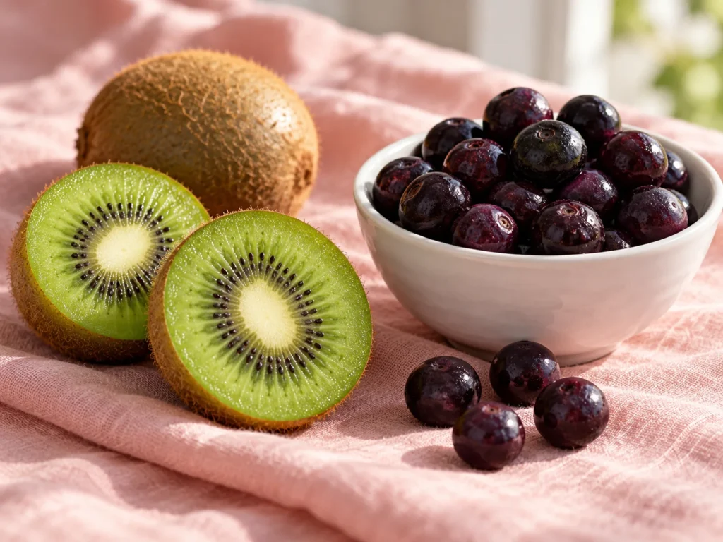 Halved kiwis and a small bowl of dark acai berries on pink linen