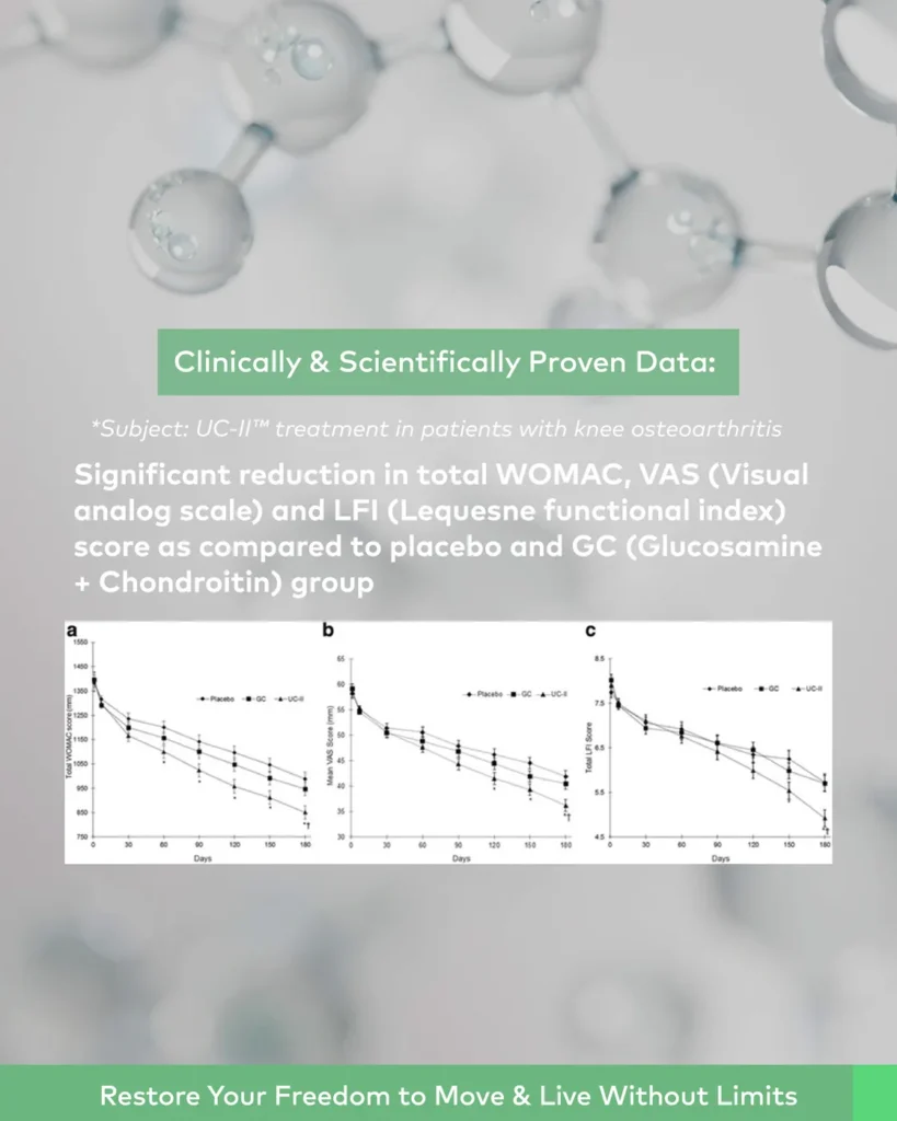 UC-II study chart — WOMAC, VAS and LFI score reductions versus placebo and glucosamine plus chondroitin