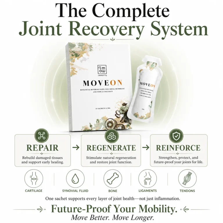 MOVEON by Immority carton and single drink sachet, product overview graphic