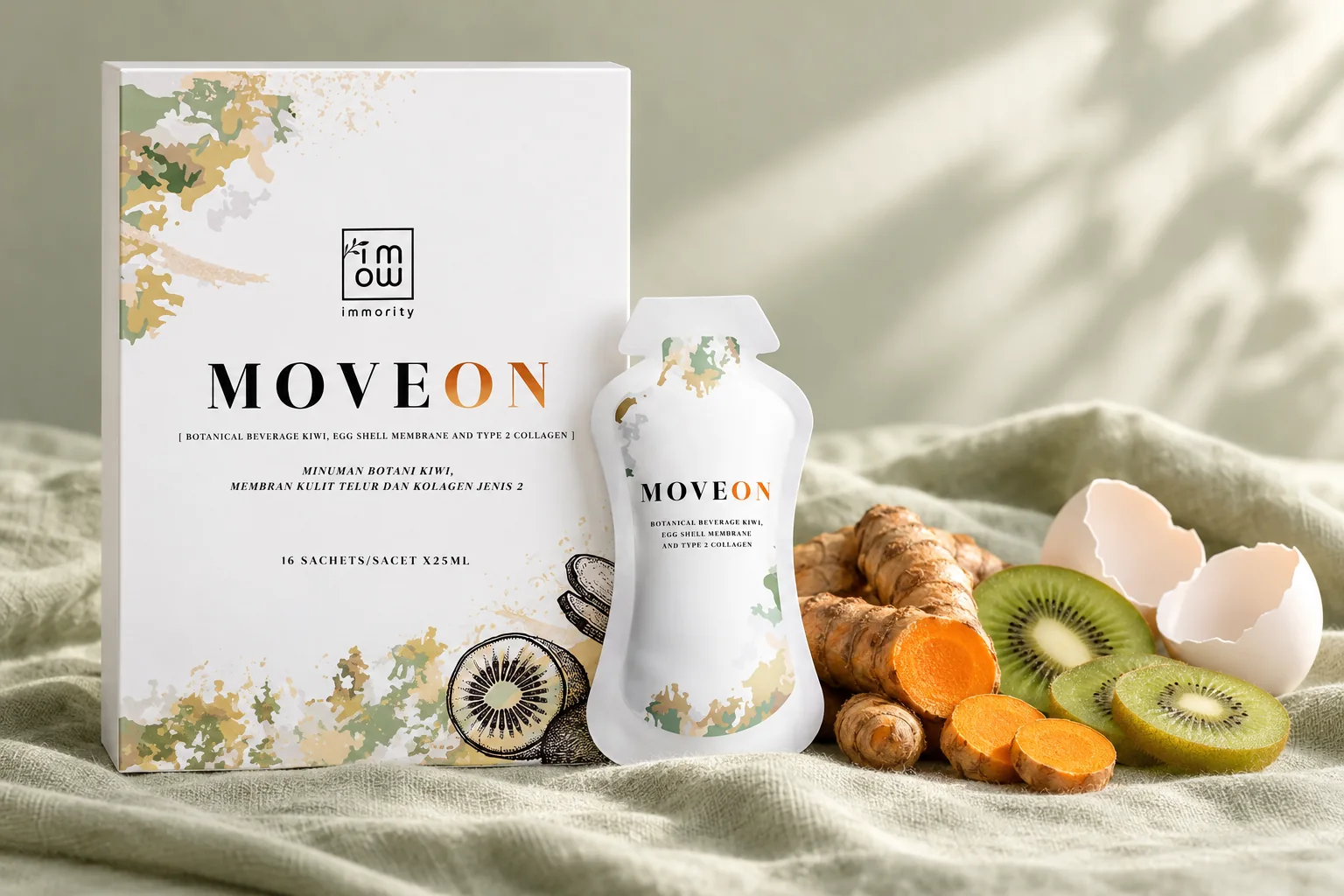 The MOVEON box and one sachet with fresh turmeric roots, kiwi slices and eggshell halves